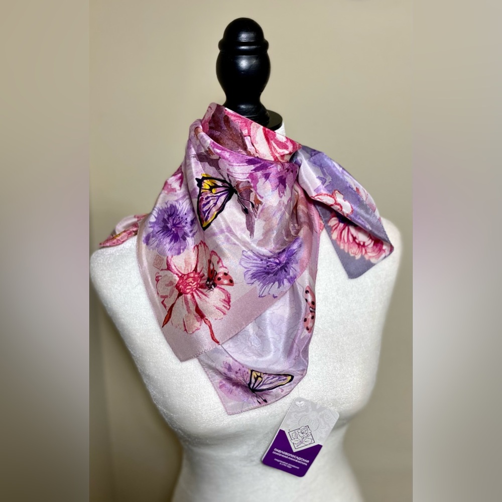 Silk Scarf Wrap Floral Butterfly made in Russia 26”x26”